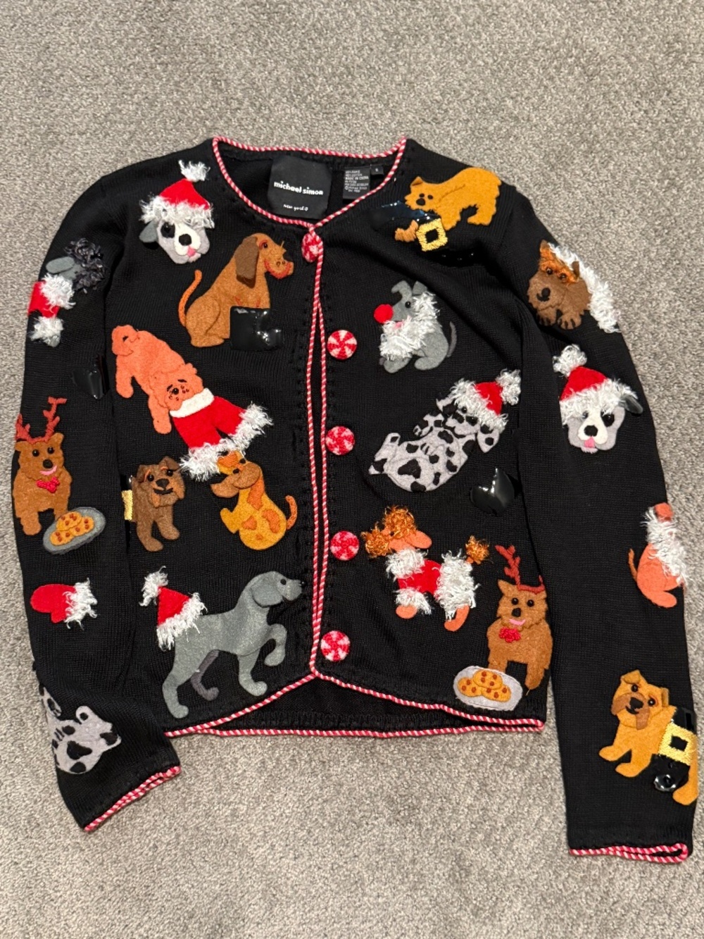 Vintage Michael Simon New York Christmas Dogs & Cats Cardigan 1999 — Fuzzy Appli